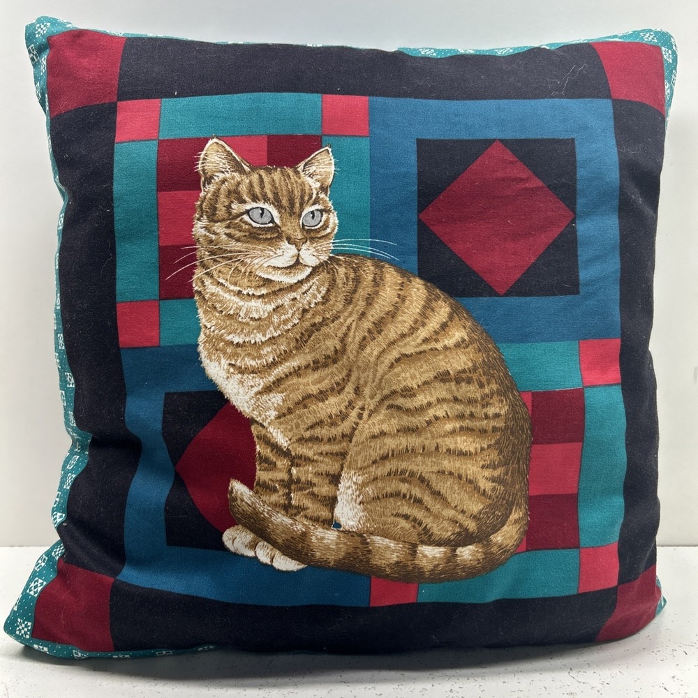 Vintage Handmade Double Sided Cat Throw Pillow Gray Orange Tabby 15x15 Inches